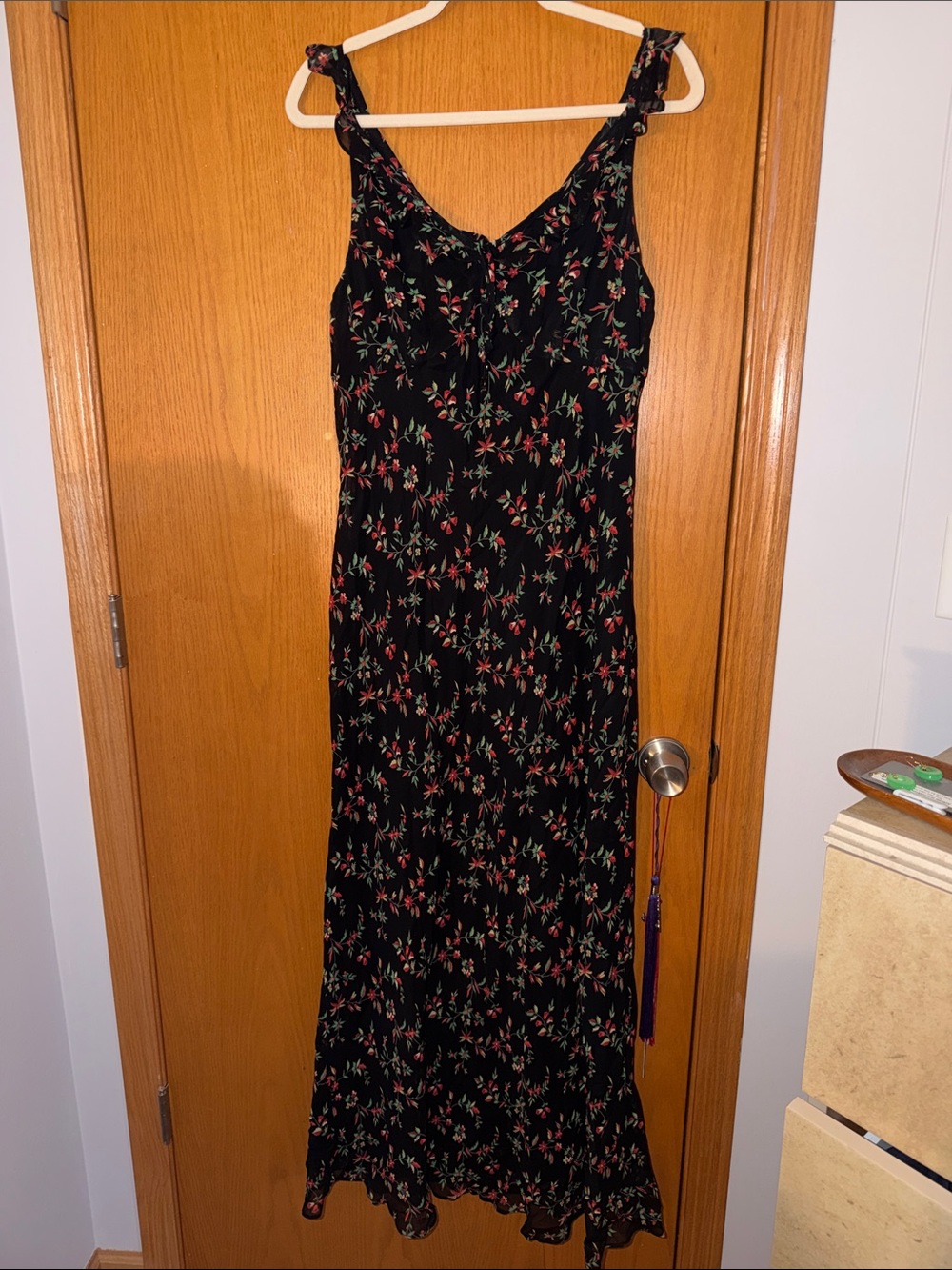 Vintage Black Floral Slip Dress with Red & Green Print